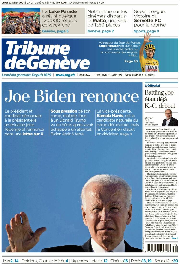 Portada de La Tribune de Genève (Suiza)