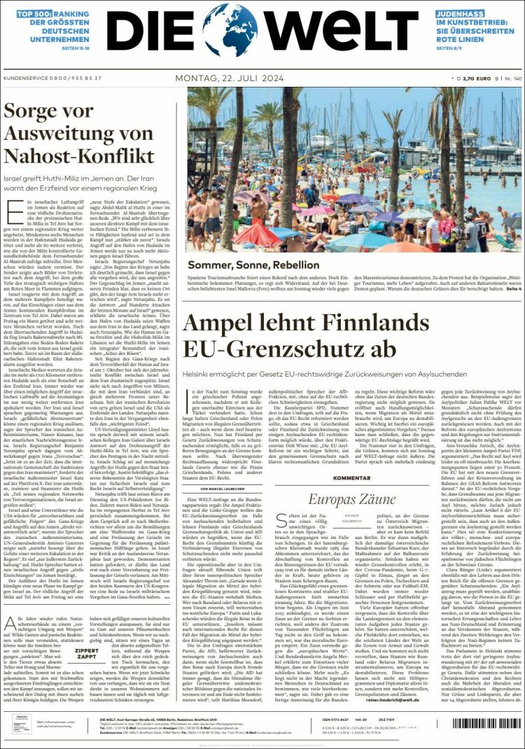 Portada de Die Welt (Alemania)