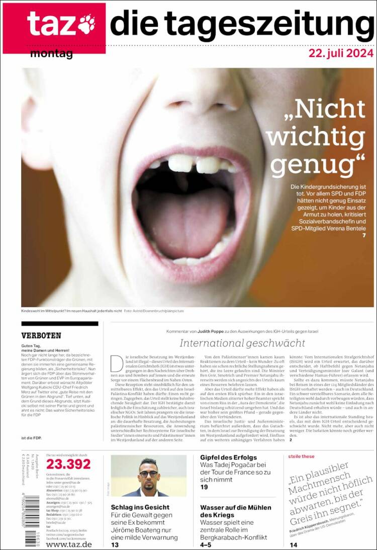 Portada de Die Tageszeitung (Alemania)