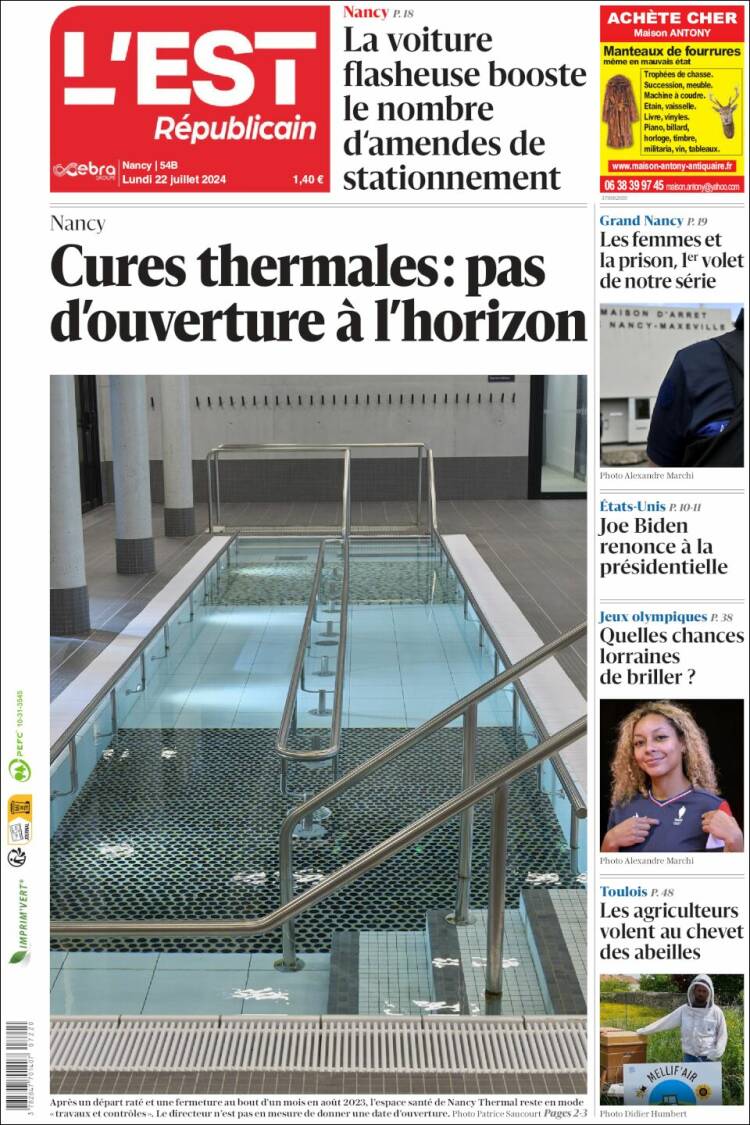 Portada de L'Est Republicain (Francia)