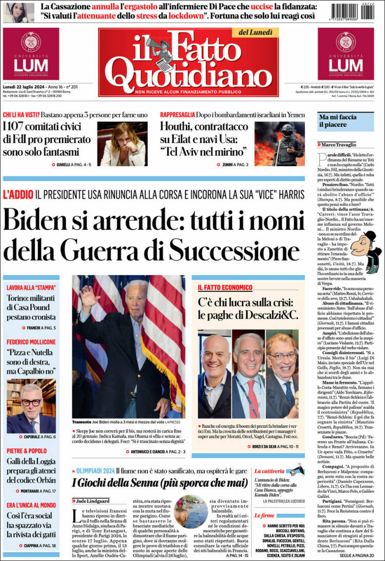 Portada de Il Fatto Quotidiano (Italia)