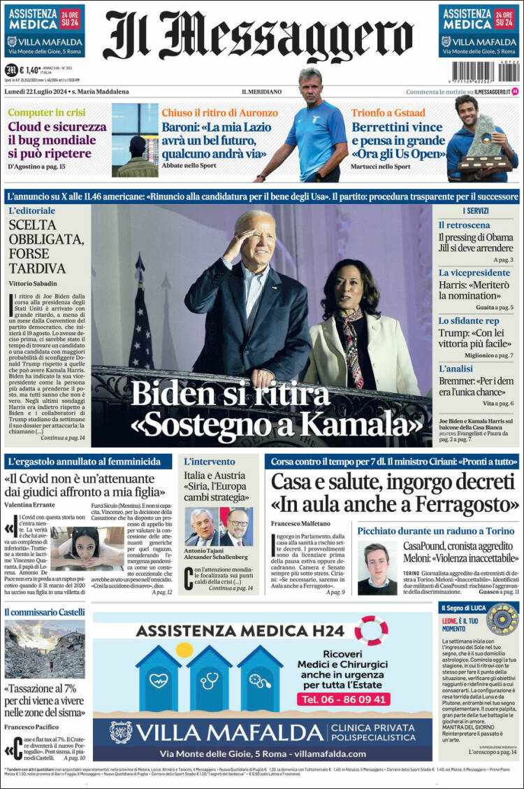 Portada de Il Messaggero (Italia)