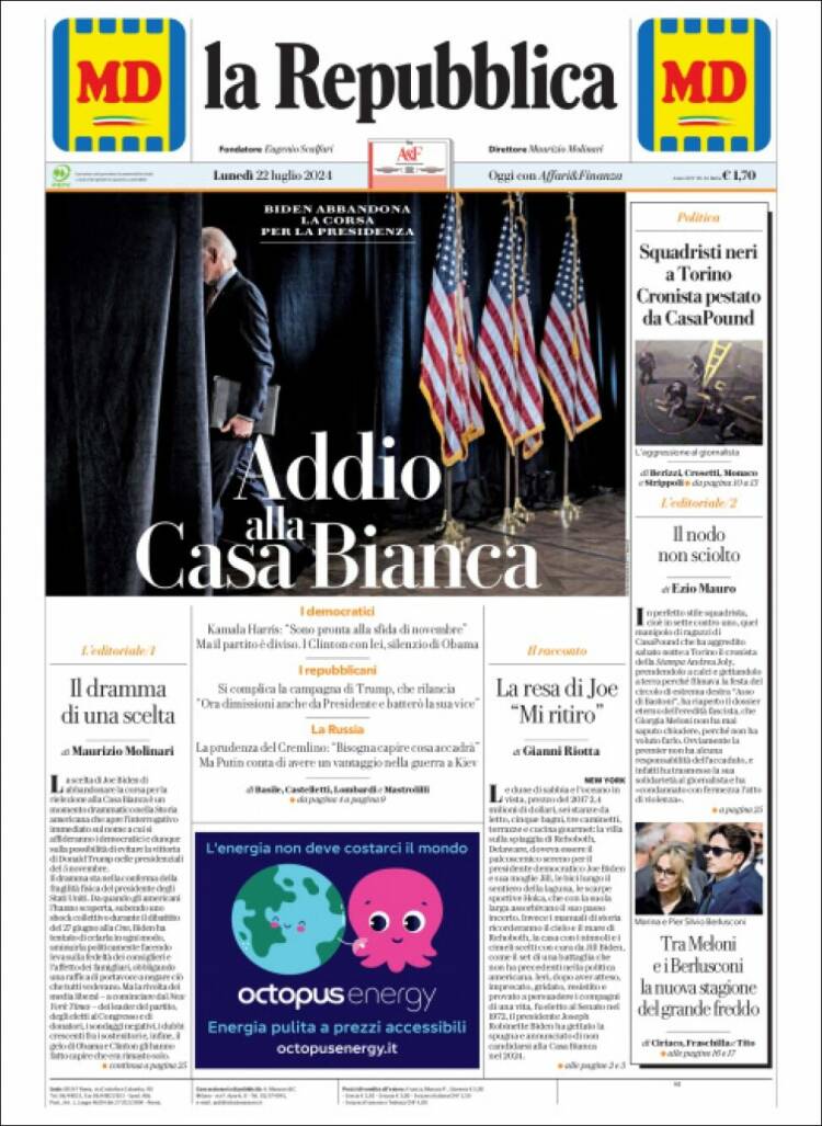 Portada de La Repubblica (Italia)