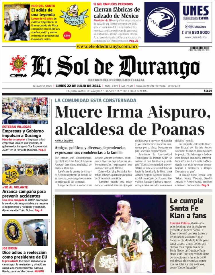Portada de El Sol de Durango (México)