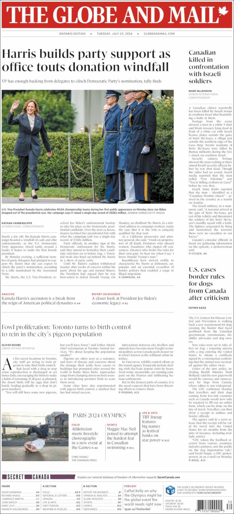 Portada de The Globe and Mail (Canadá)