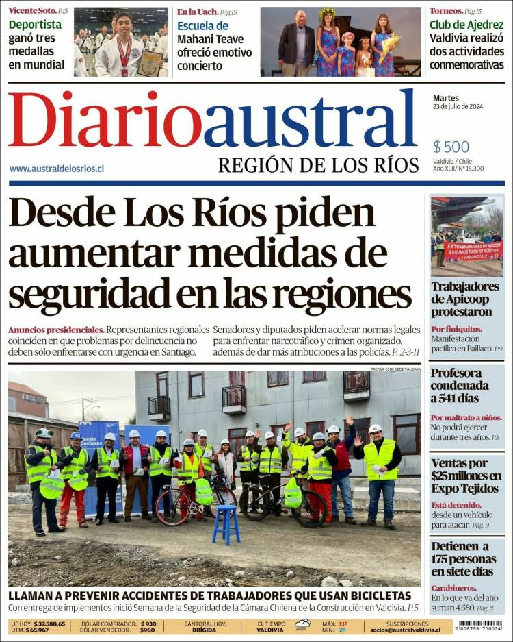 Portada de El Diario Austral de Valdivia (Chile)
