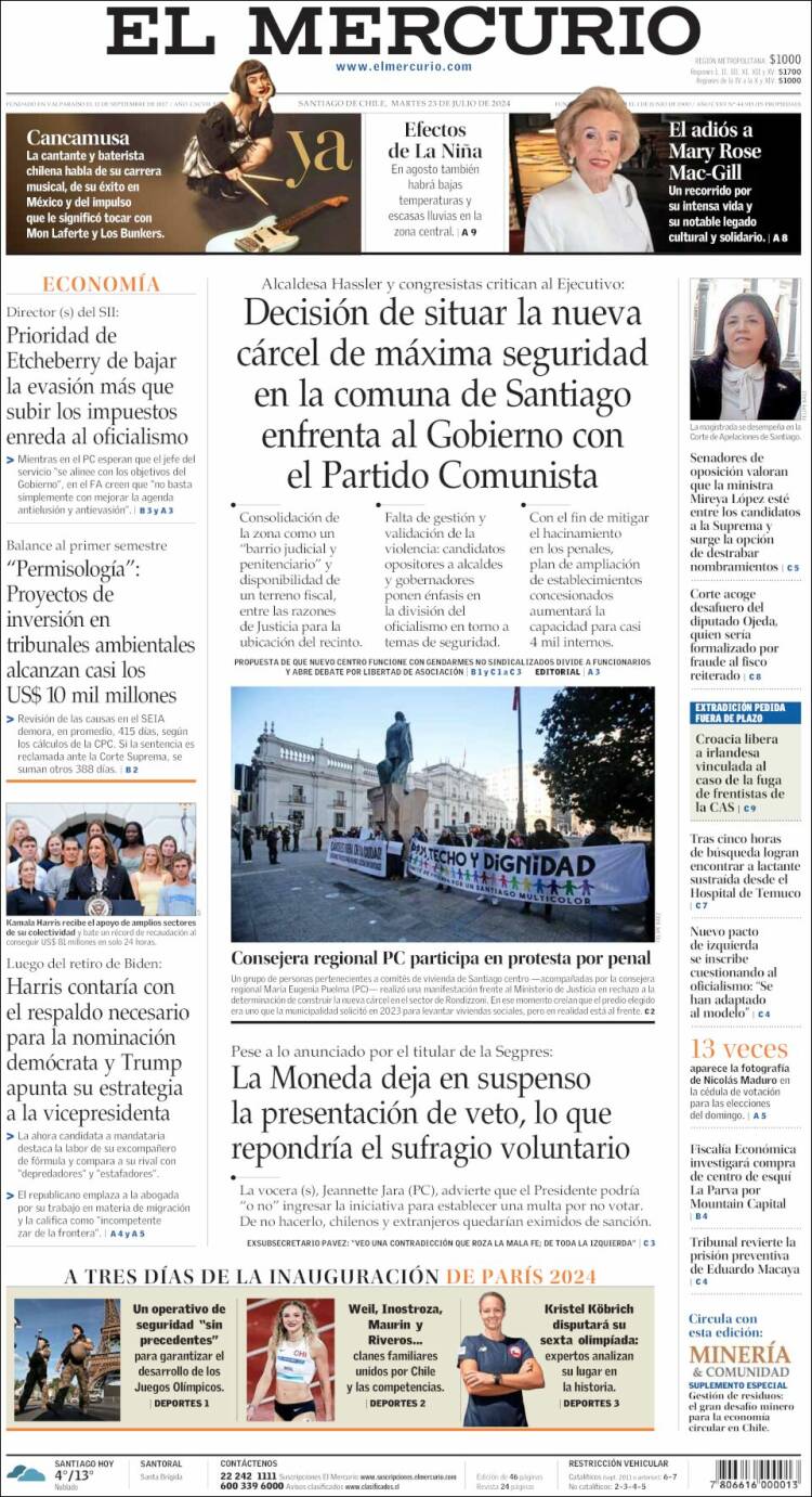 Portada de El Mercurio (Chile)