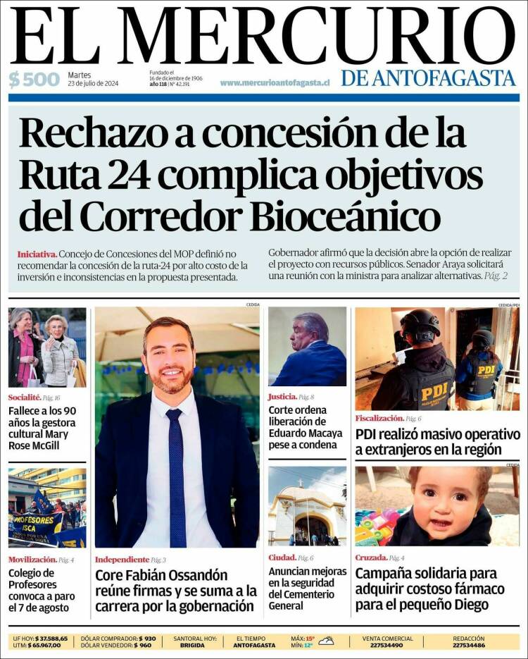 Portada de El Mercurio de Antofagasta (Chile)