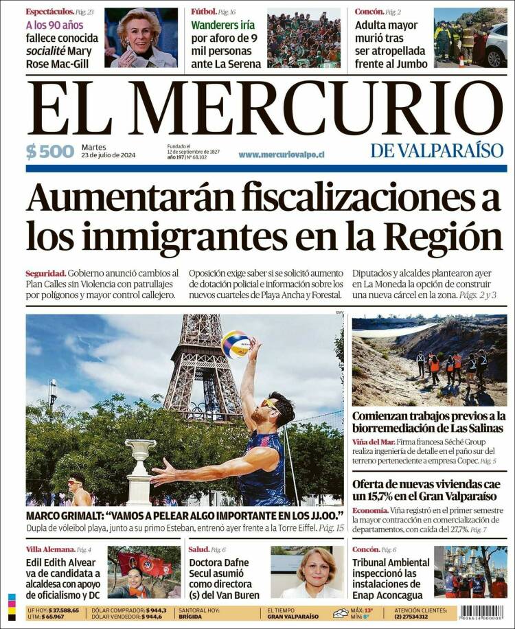 Portada de Mercurio de Valparaiso (Chile)