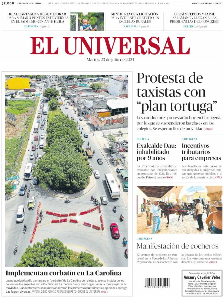Portada de El Universal (Colombia)