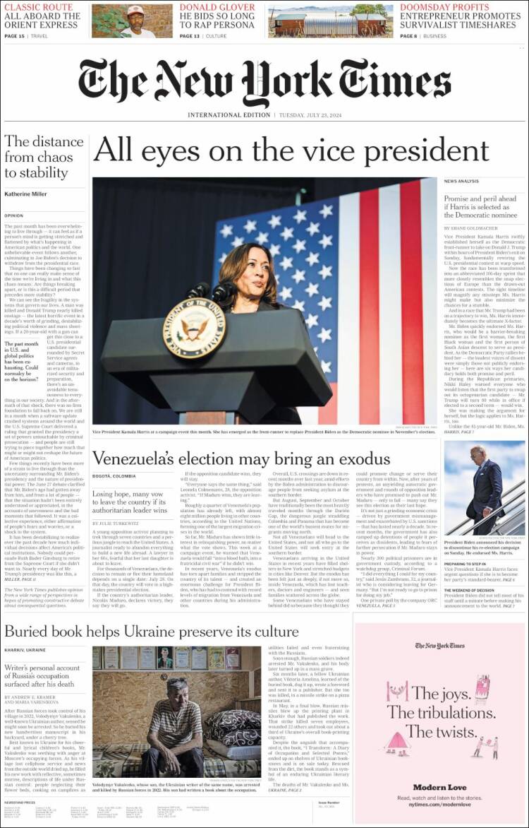 Portada de International New York Times (Europa)