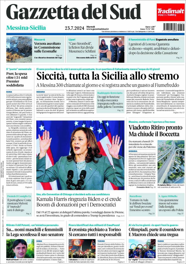 Portada de Gazzetta del Sud (Italia)