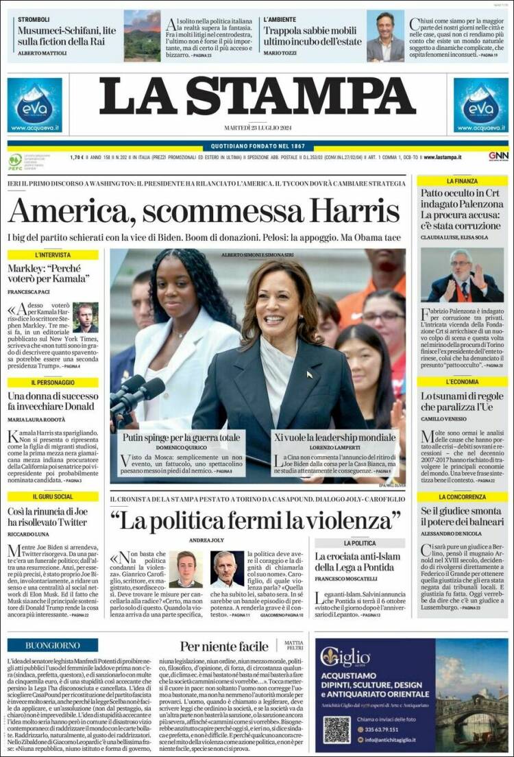 Portada de La Stampa (Italia)