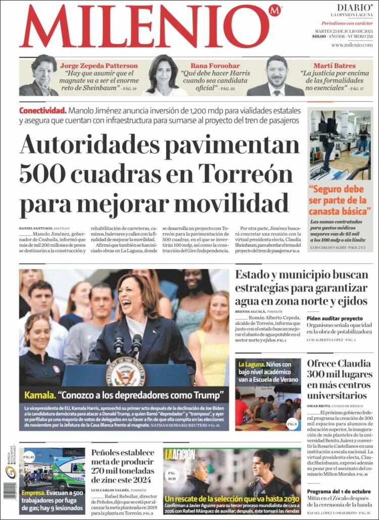 Portada de Milenio - Laguna (México)