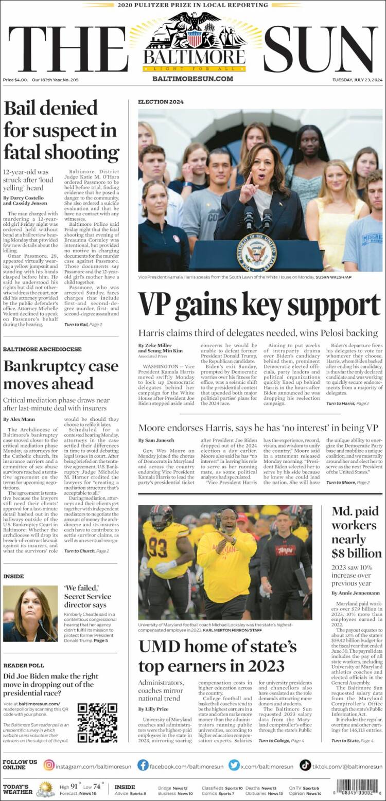 Portada de The Baltimore Sun (USA)