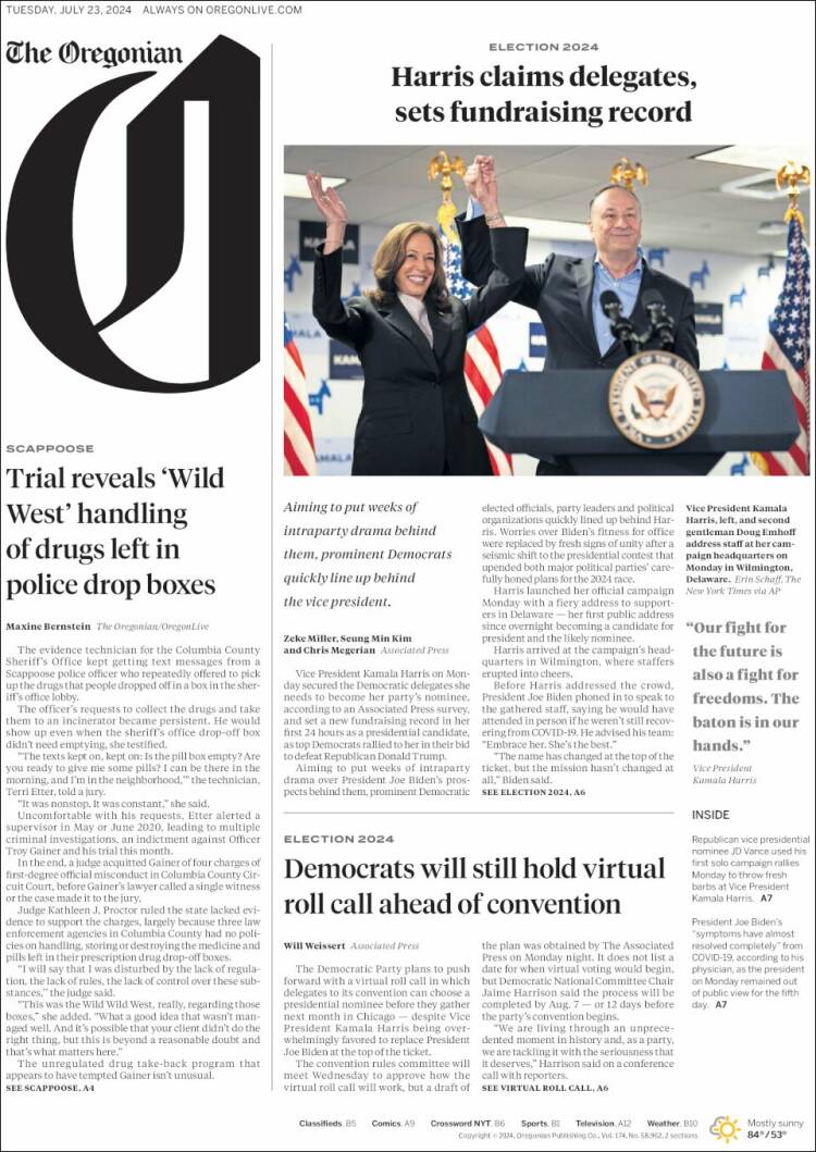 Portada de The Oregonian (USA)