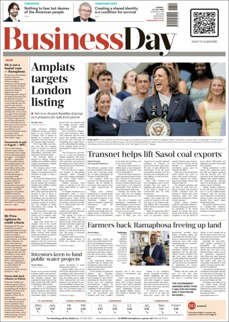 Portada de Business Day (Sud&aacute;frica)