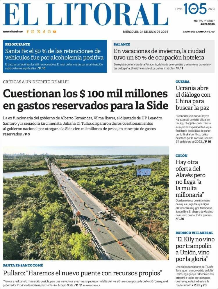 Portada de Diario El Litoral (Argentina)