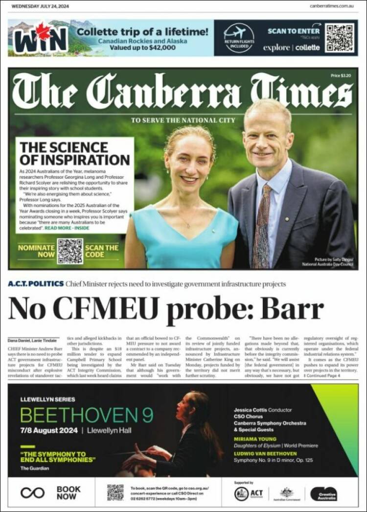 Portada de The Canberra Times (Australia)