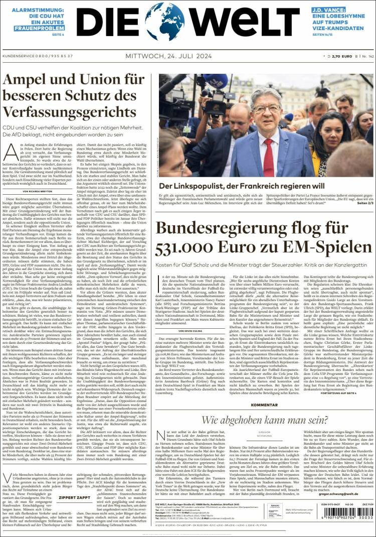 Portada de Die Welt (Alemania)