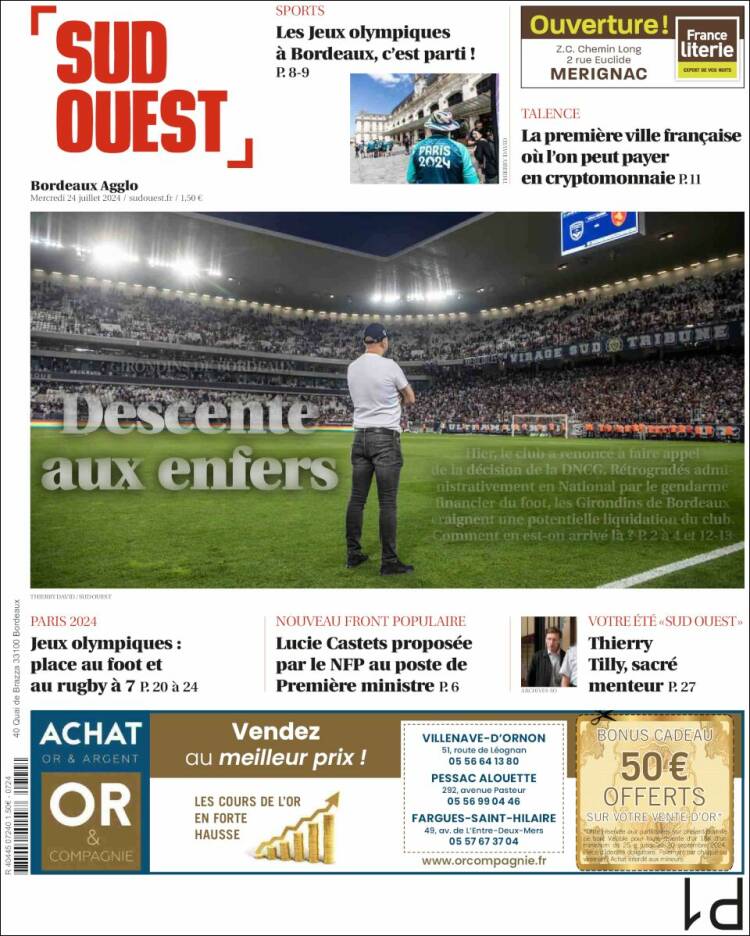 Portada de Sud Ouest (Francia)