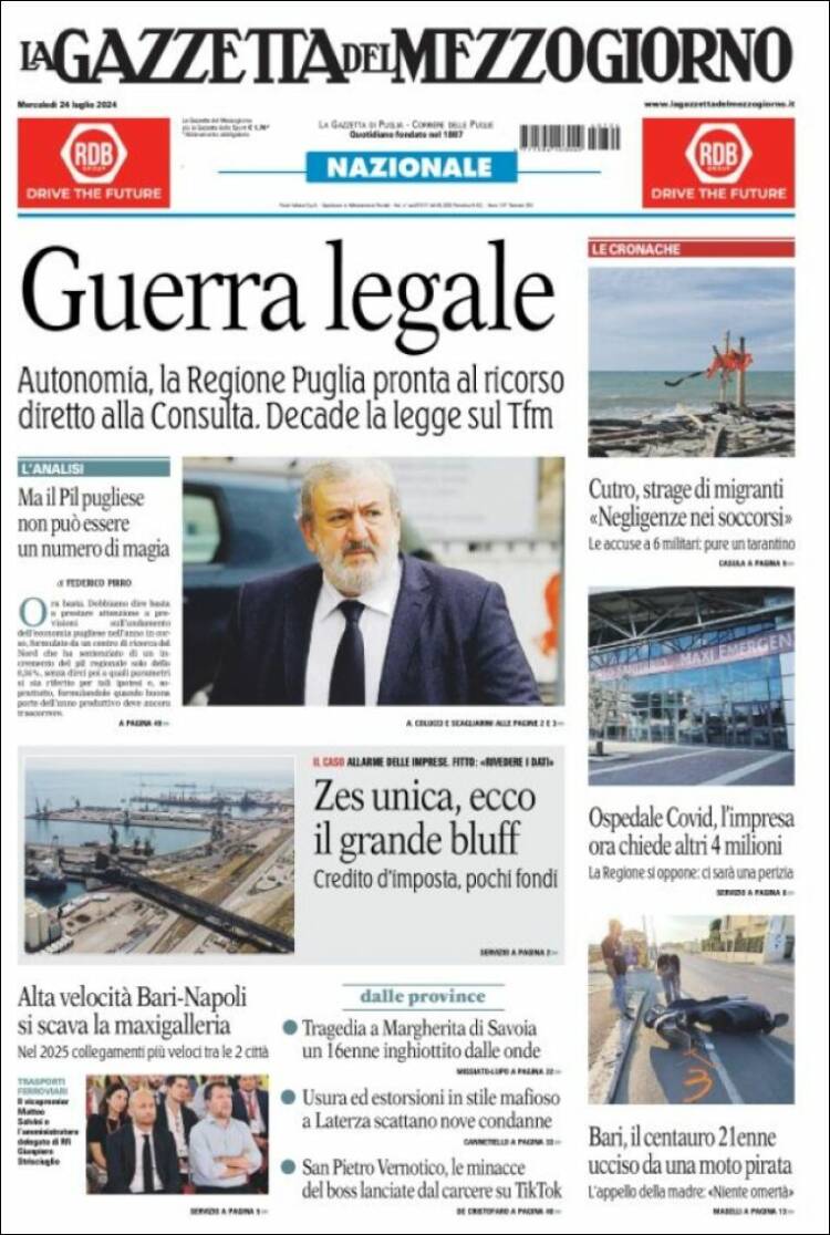 Portada de La Gazzetta del Mezzogiorno (Italia)