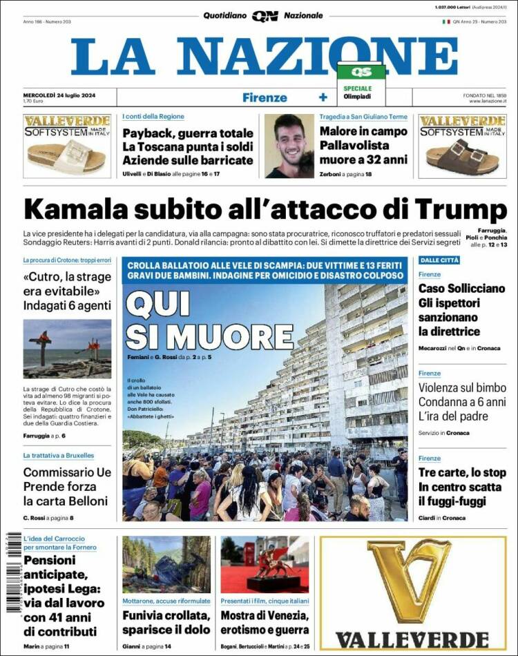 Portada de La Nazione (Italia)