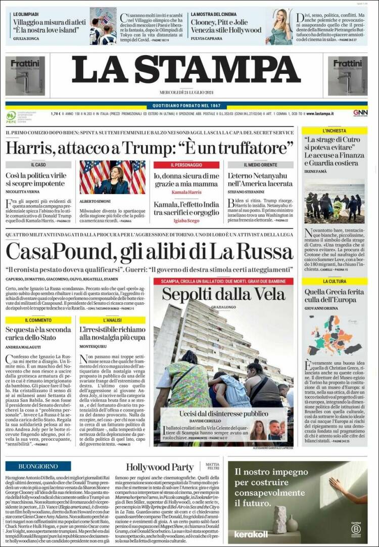 Portada de La Stampa (Italia)