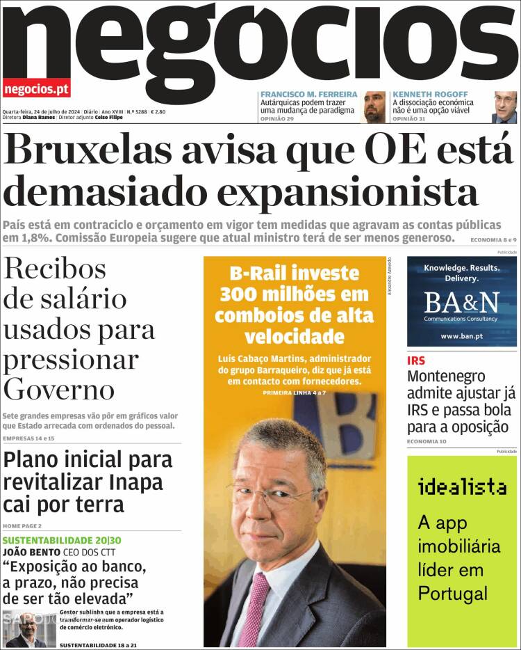 Portada de Jornal de Negócios (Portugal)