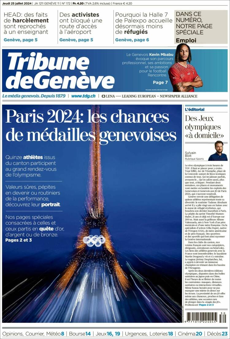 Portada de La Tribune de Genève (Suiza)