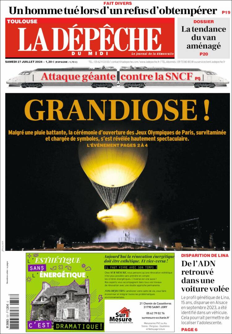 Portada de La Dépêche du Midi (Francia)