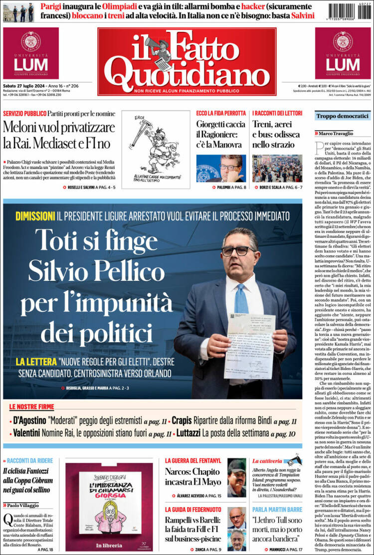 Portada de Il Fatto Quotidiano (Italia)