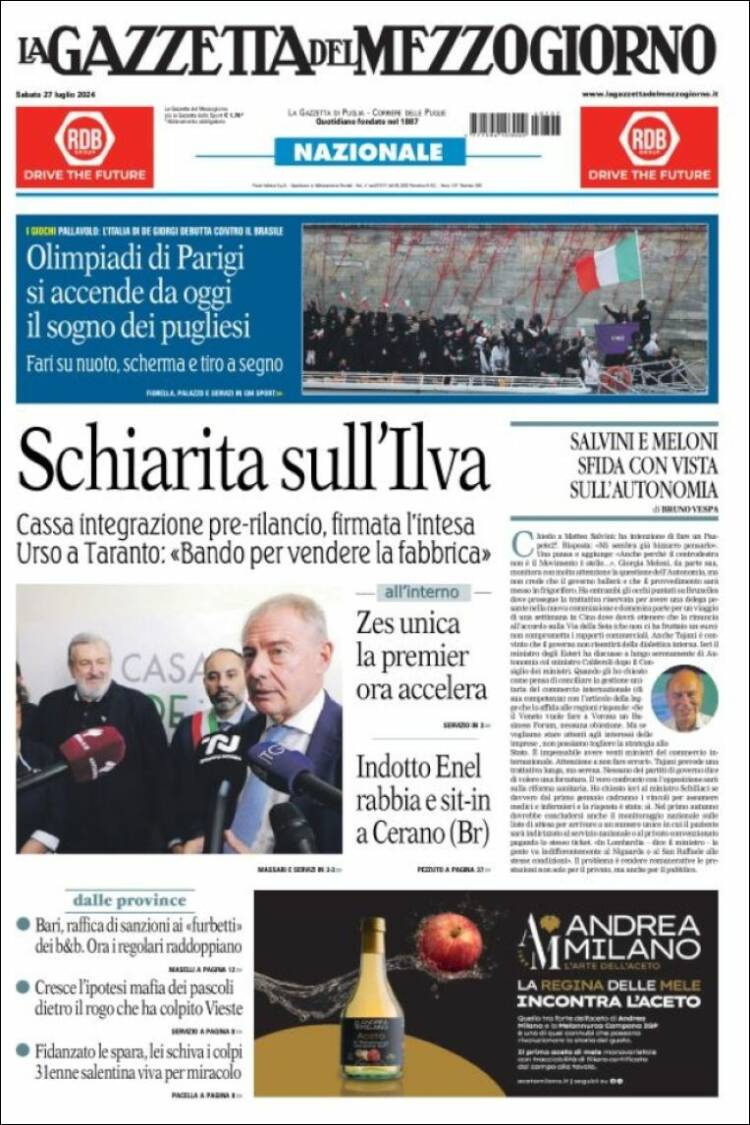 Portada de La Gazzetta del Mezzogiorno (Italia)