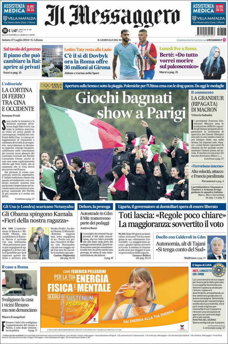 Portada de Il Messaggero (Italia)