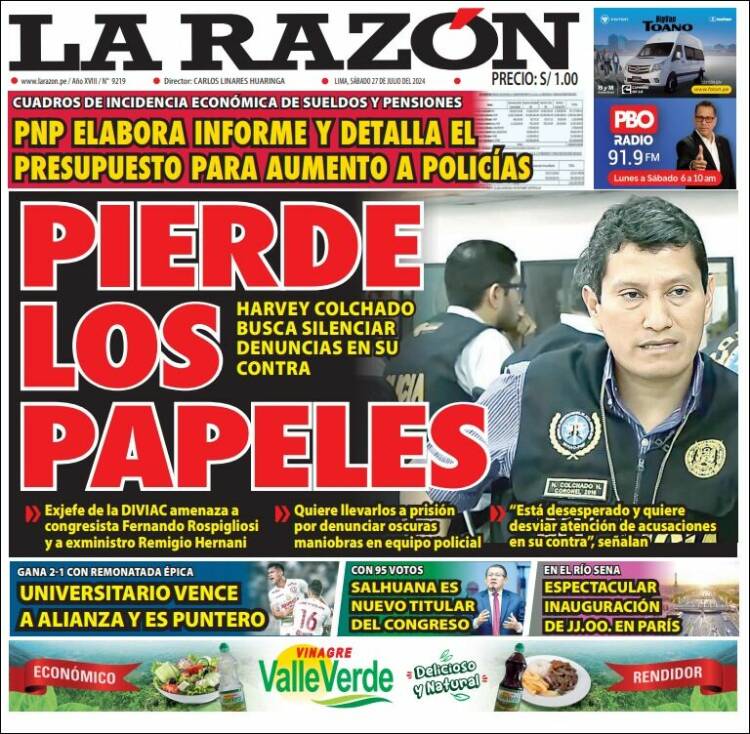 Portada de La Razón (Per&uacute;)