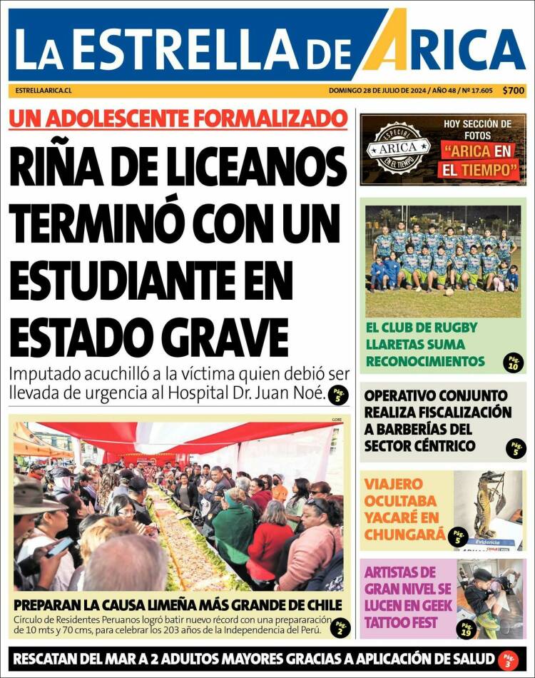 Portada de La Estrella de Arica (Chile)