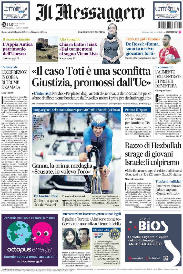 Portada de Il Messaggero (Italia)
