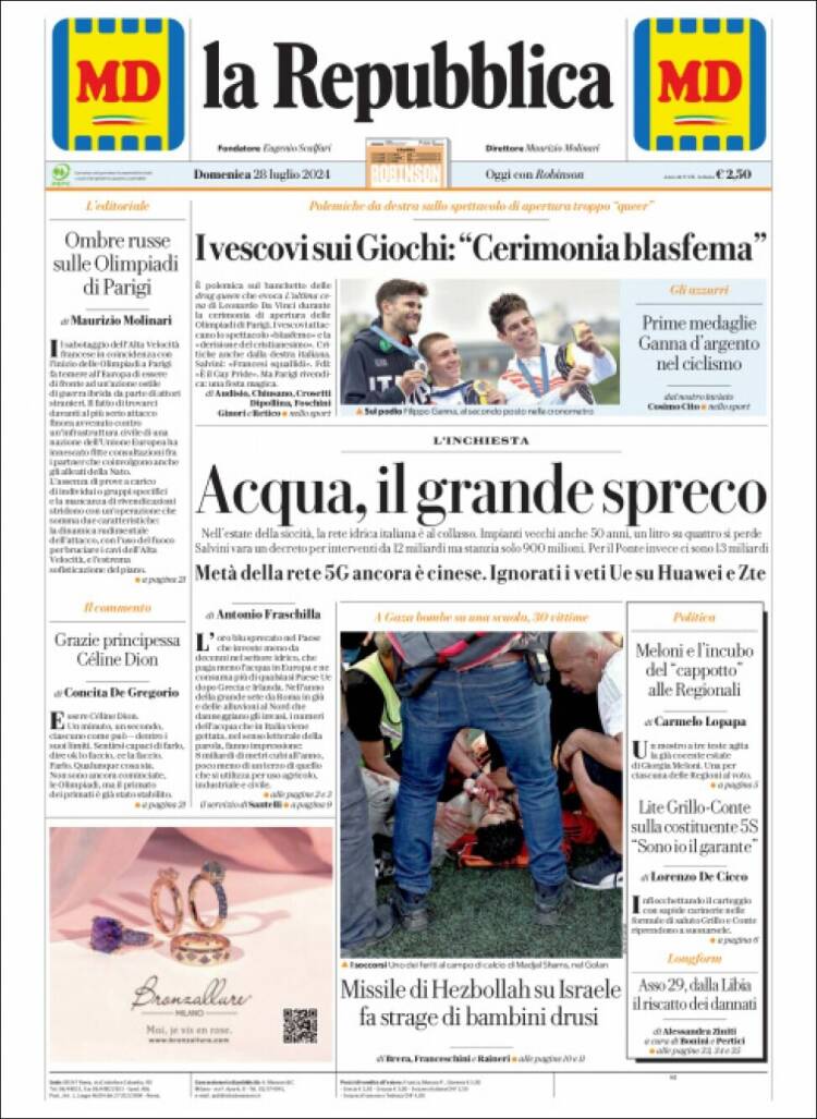 Portada de La Repubblica (Italia)