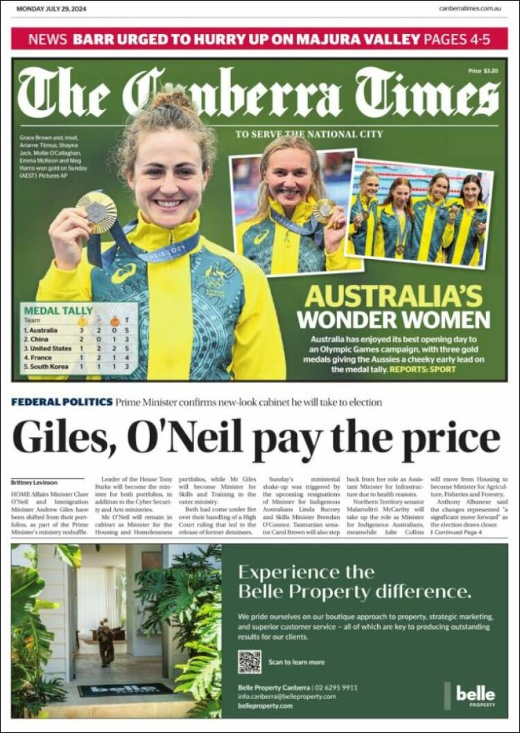 Portada de The Canberra Times (Australia)