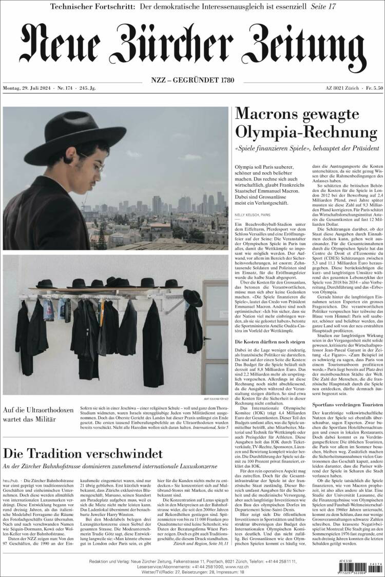 Portada de Neue Zürcher Zeitung (Suiza)
