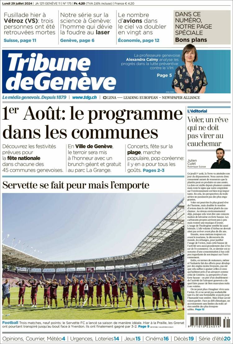 Portada de La Tribune de Genève (Suiza)