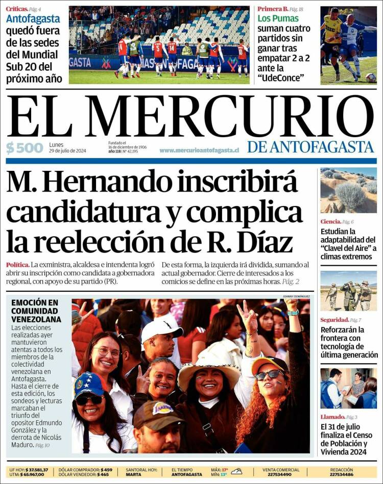 Portada de El Mercurio de Antofagasta (Chile)