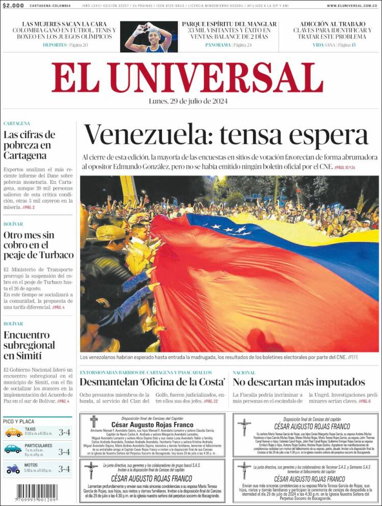 Portada de El Universal (Colombia)