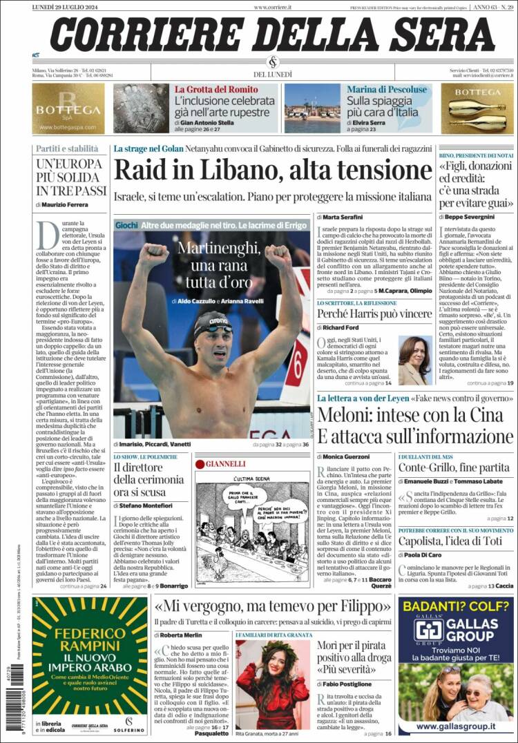 Portada de Corriere della Sera (Italia)