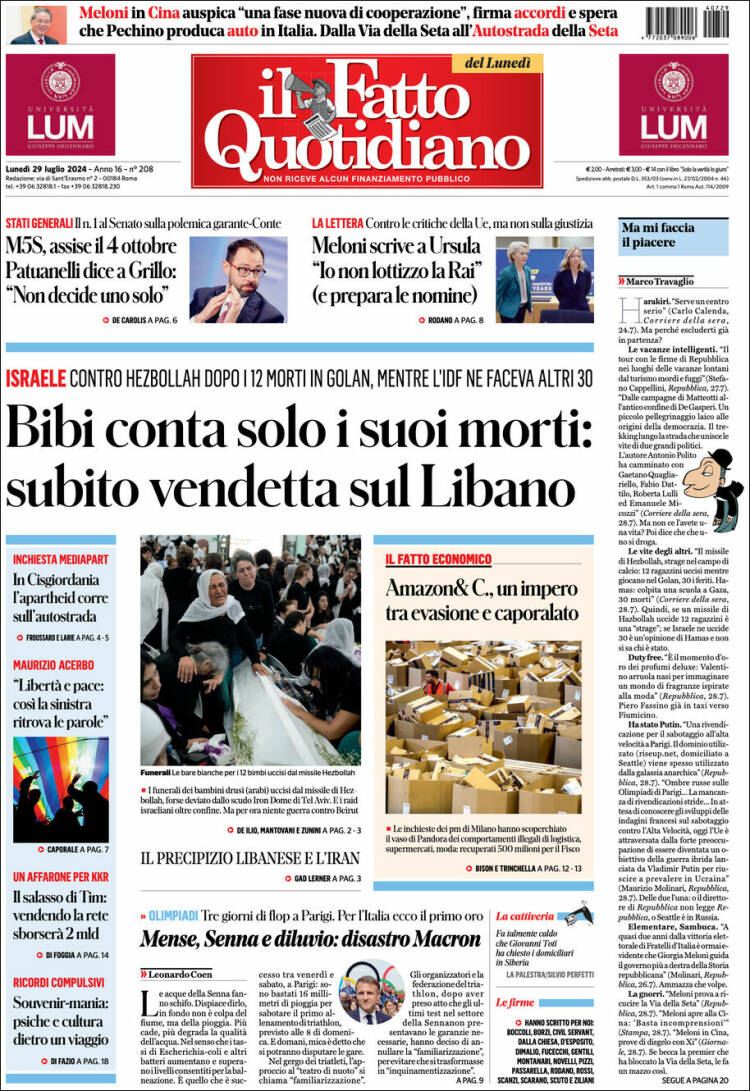 Portada de Il Fatto Quotidiano (Italia)