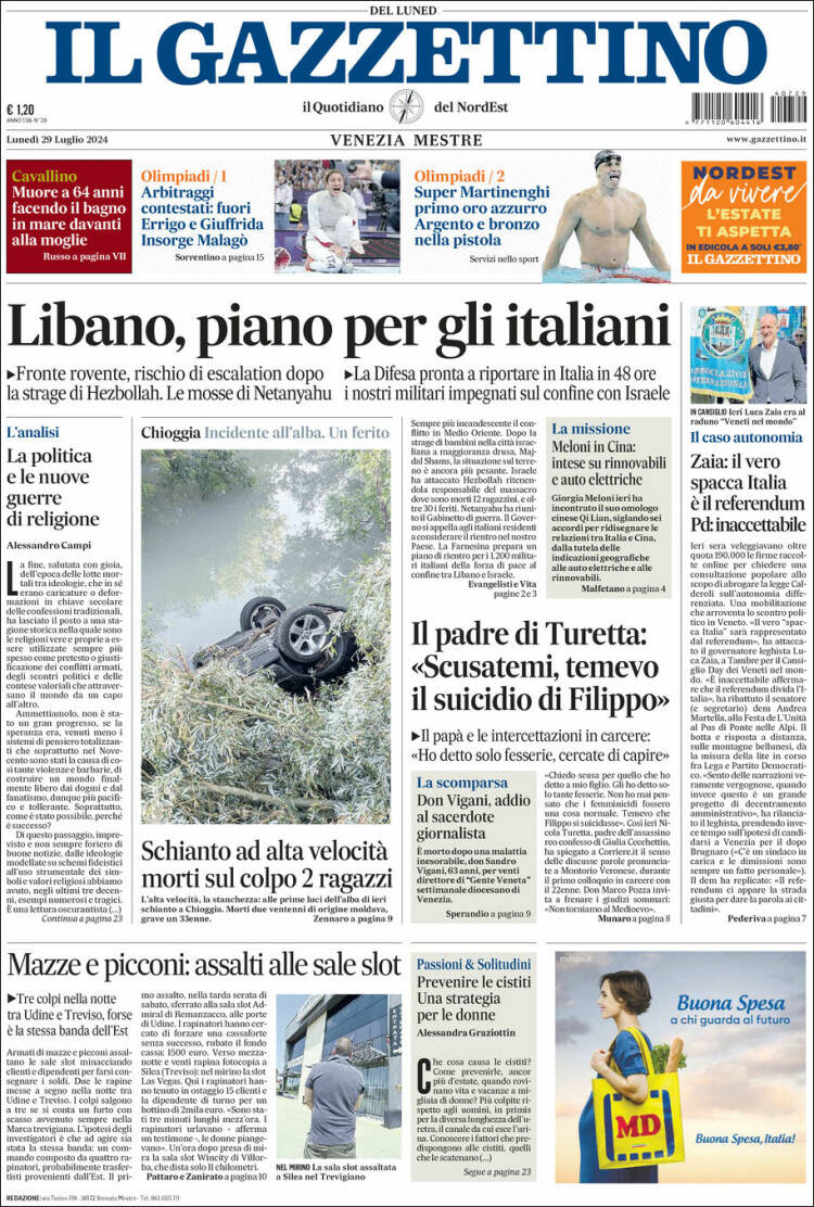 Portada de Il Gazzettino (Italia)