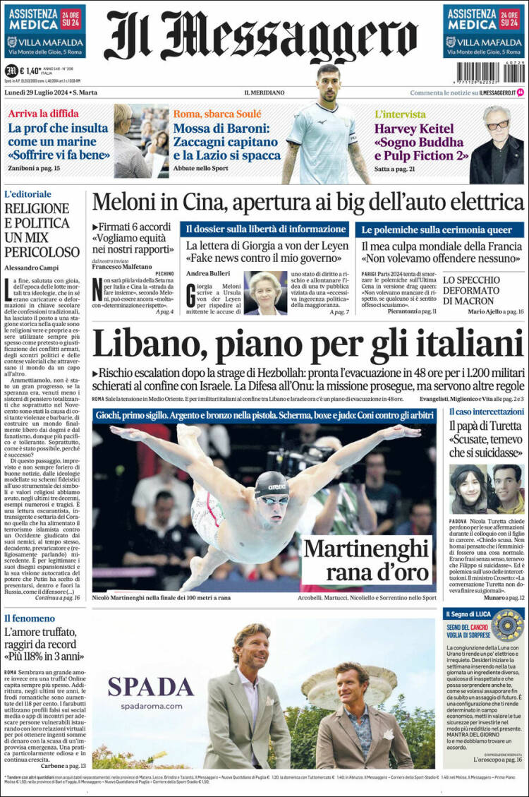 Portada de Il Messaggero (Italia)