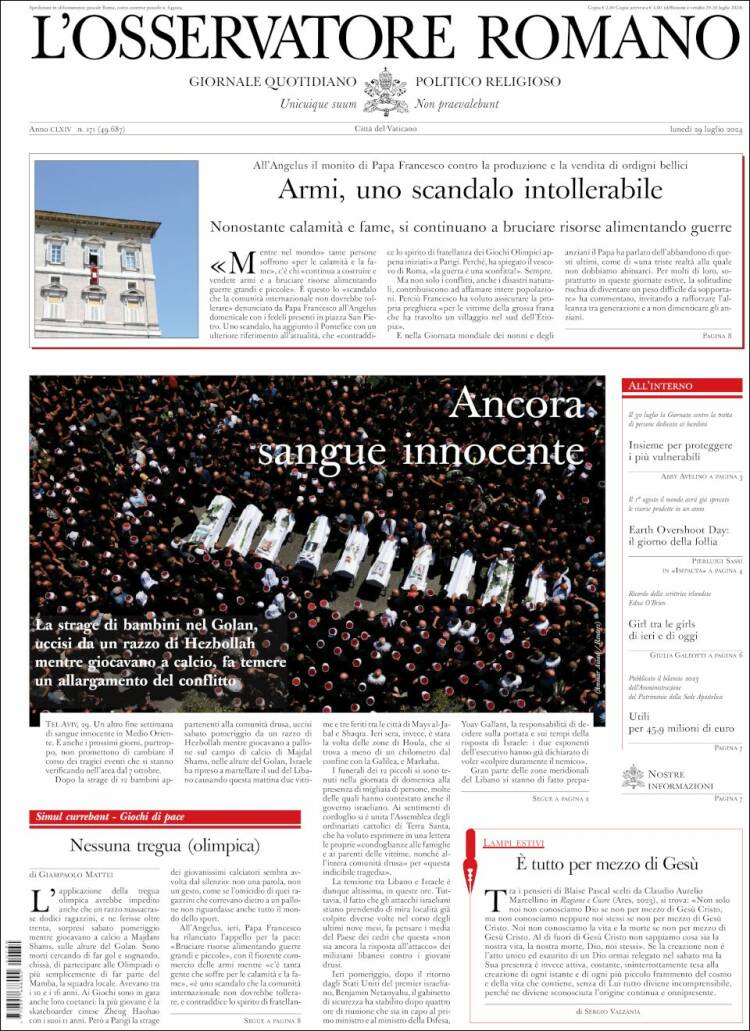 Portada de L'Osservatore Romano (Italia)