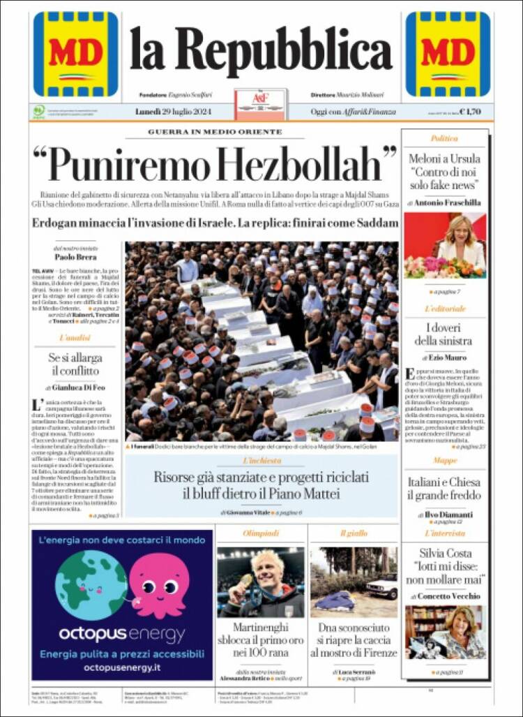 Portada de La Repubblica (Italia)