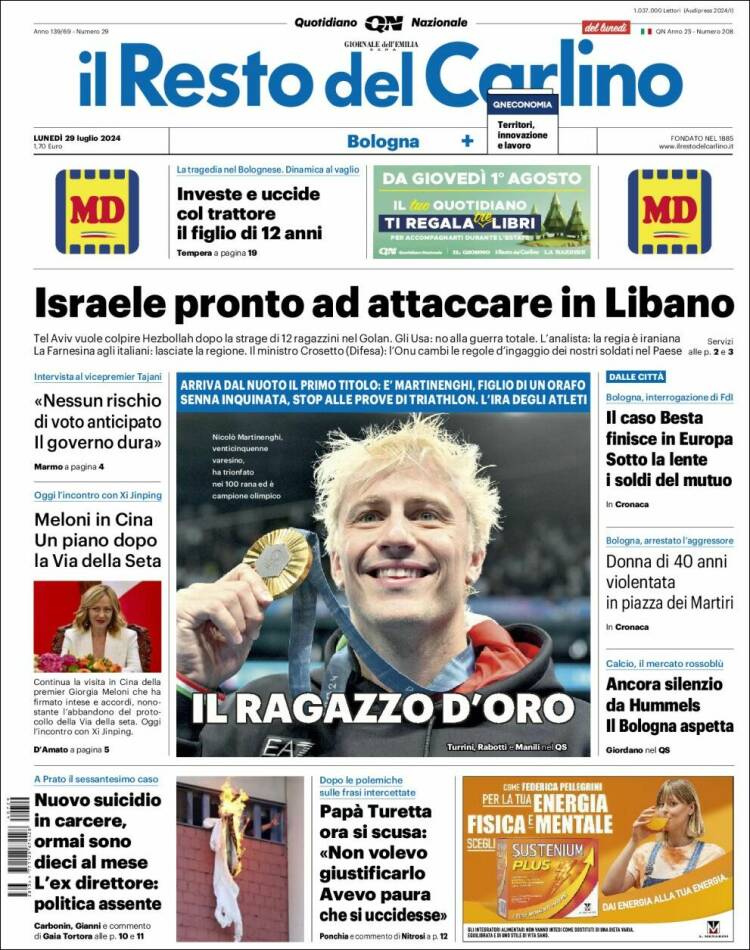 Portada de Il Resto del Carlino (Italia)